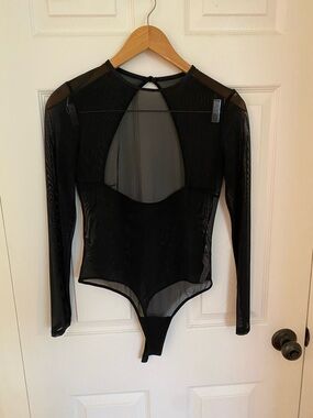 Auden Black Sheer Mesh Long Sleeve Bodysuit